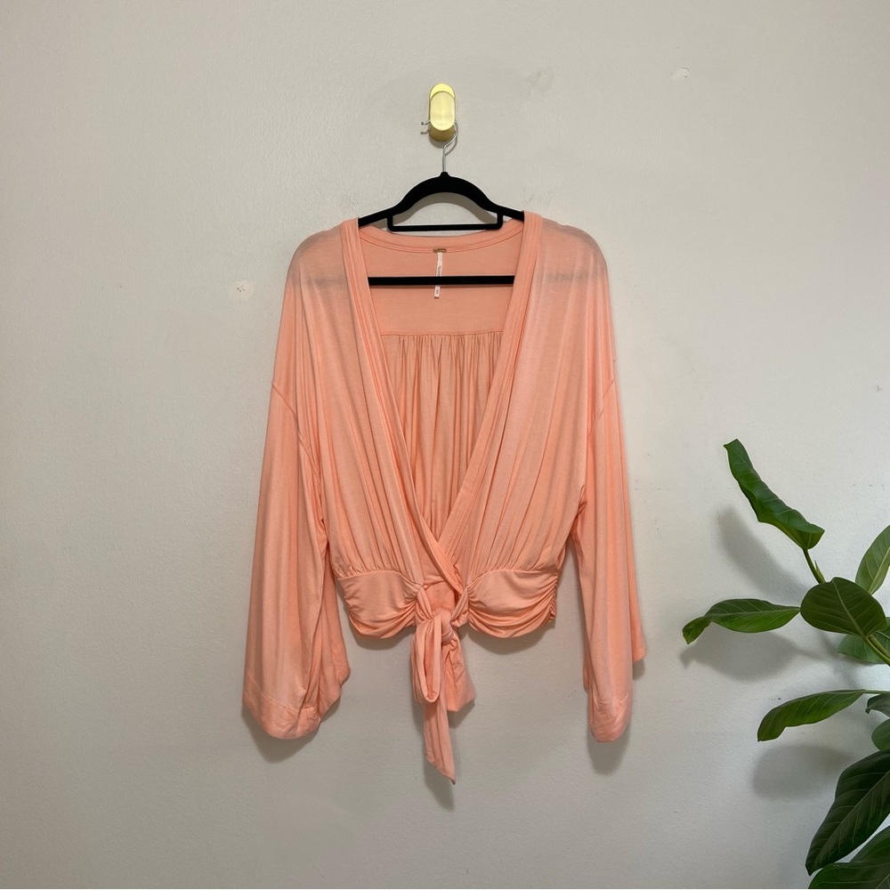 Free People Coral Wide Sleeve V-Neck Tie Front Faux Wrap Top